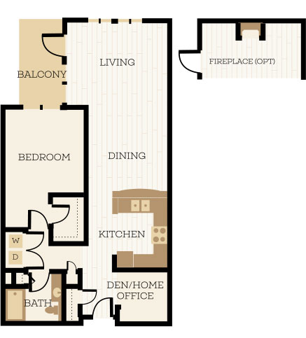 Newcastle Floor Plan, 1 Bedroom, 1 Bath, Den 959-1038 SF - Chelsea at Juanita Village | Studio, 1 & 2 Bedroom Apartments for Rent | Kirkland, WA 98034