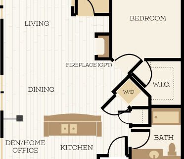 Prescott Floor Plan, 1 Bedroom, 1 Bath, Den 843-909 SF - Chelsea at Juanita Village | Studio, 1 & 2 Bedroom Apartments for Rent | Kirkland, WA 98034